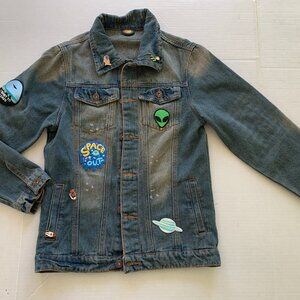 Vintage Y2K Space Denim Jacket UFO Alien Patches Pins 90s Grunge Sz XS/S
